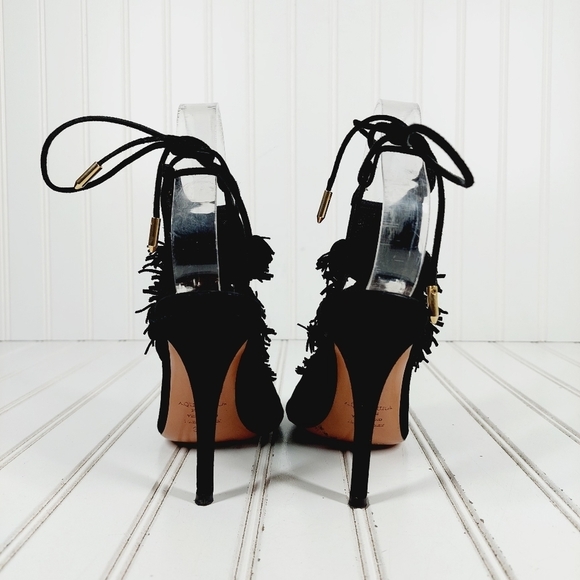 Aquazzura Black Suede Sexy Thing Fringe Peep Toe Booties Sandals Heels B163 - Picture 6 of 12